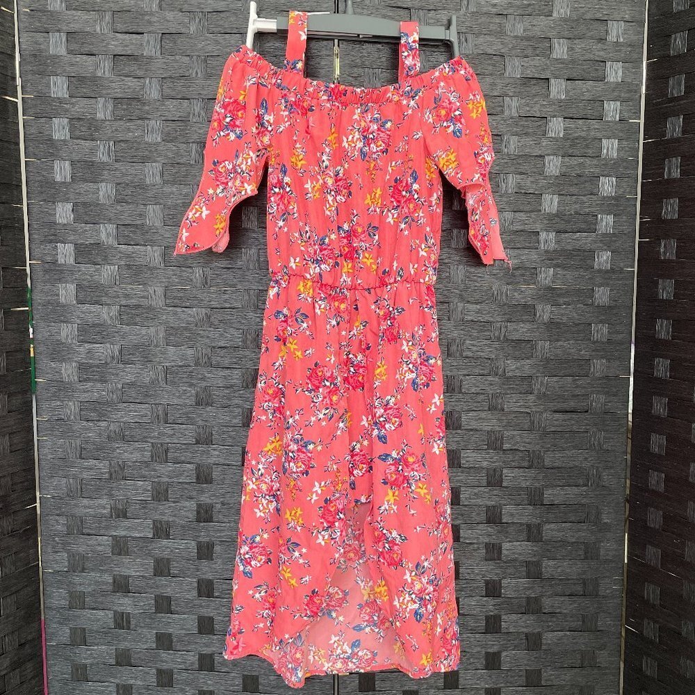 Jenna & Jessie Girls Sz 10 Floral Cold Shoulder High Low Dress‎ Coral